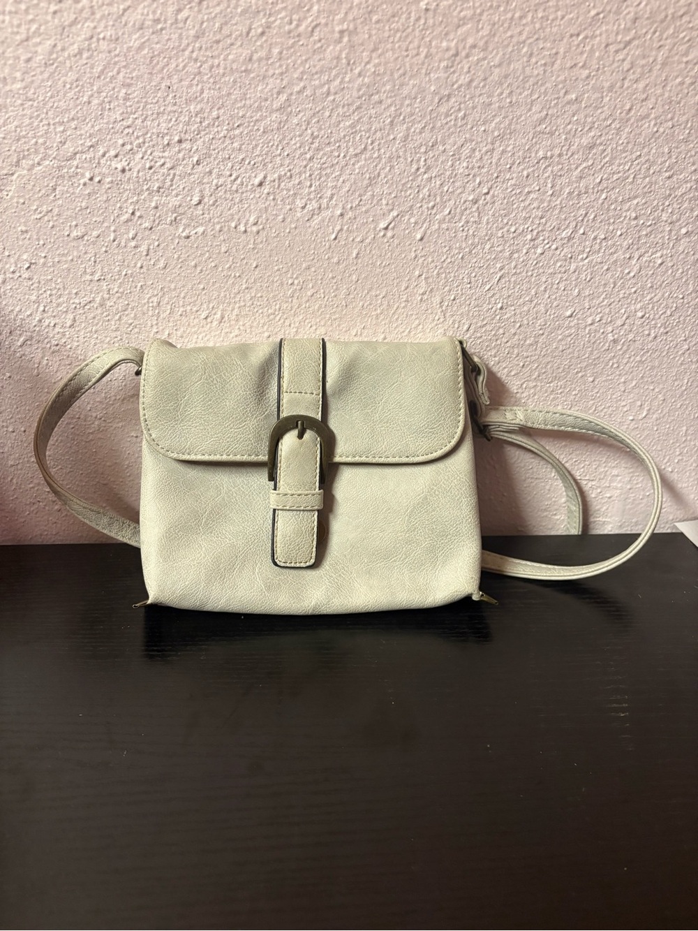 Cream Ivory Faux Leather Mini Crossbody Purse Buckle Flap Adjustable Strap